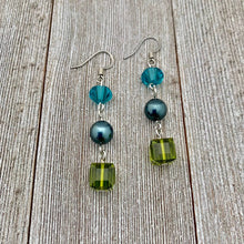 Load image into Gallery viewer, Olivine / Tahitian / Indicolite Swarovski Crystals and Pearl Earrings
