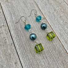 Load image into Gallery viewer, Olivine / Tahitian / Indicolite Swarovski Crystals and Pearl Earrings

