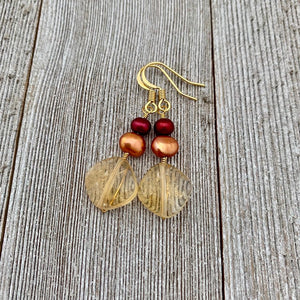 Citrine, Orange Freshwater Pearls, and Red Freshwater Pearl Earrings