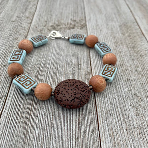 Brown Lava Bead, Czech Glass, and Wood Bead Diffuser Bracelet