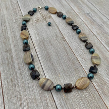 Load image into Gallery viewer, Silver Mist Jasper, Faceted Smoky Quartz, and Tahitian Swarovski Pearl Necklace
