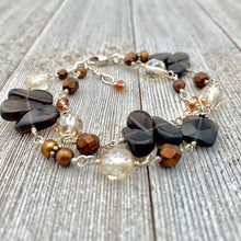 Load image into Gallery viewer, Smoky Quartz, Copper Freshwater Pearls, Swarovski Crystals, Wire Wrapped Bracelet, Sterling Silver

