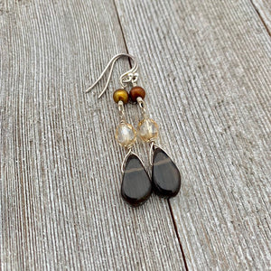 Smoky Quartz Teardrop, Golden Firepolish, Freshwater Pearl, Sterling Silver, Wire Wrapped Earrings