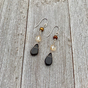 Smoky Quartz Teardrop, Golden Firepolish, Freshwater Pearl, Sterling Silver, Wire Wrapped Earrings