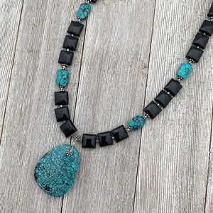Square Onyx, Faceted Turquoise Rectangles, and Turquoise Pendant Necklace