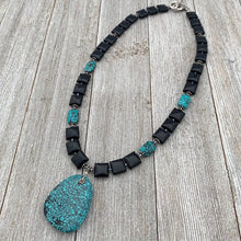 Load image into Gallery viewer, Square Onyx, Faceted Turquoise Rectangles, and Turquoise Pendant Necklace
