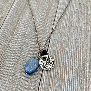 Kyanite Charm Necklace / Pewter Flower Charm / Matte Onyx / Antique Silver Chain / Adjustable