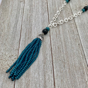 Long Crystal Tassel Necklace / Faceted Onyx / Chain Necklace