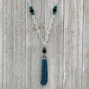 Long Crystal Tassel Necklace / Faceted Onyx / Chain Necklace