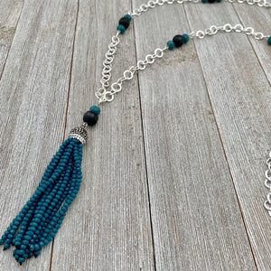 Long Crystal Tassel Necklace / Faceted Onyx / Chain Necklace