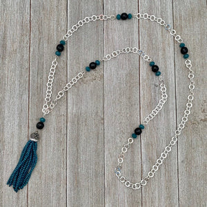Long Crystal Tassel Necklace / Faceted Onyx / Chain Necklace
