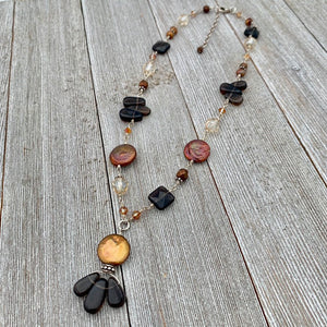Smoky Quartz Teardrops, Copper Fresh Water Coin Pearls, Faceted Smoky Quartz Squares, Copper Swarovski Crystals, Wire Wrapped Necklace