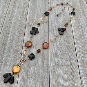 Smoky Quartz Teardrops, Copper Fresh Water Coin Pearls, Faceted Smoky Quartz Squares, Copper Swarovski Crystals, Wire Wrapped Necklace