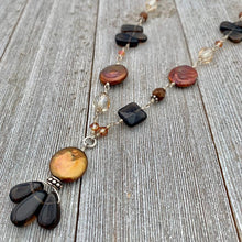 Load image into Gallery viewer, Smoky Quartz Teardrops, Copper Fresh Water Coin Pearls, Faceted Smoky Quartz Squares, Copper Swarovski Crystals, Wire Wrapped Necklace
