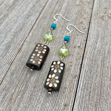 Load image into Gallery viewer, Carved Horn, Czech Glass, and Blue Magnesite Earrings
