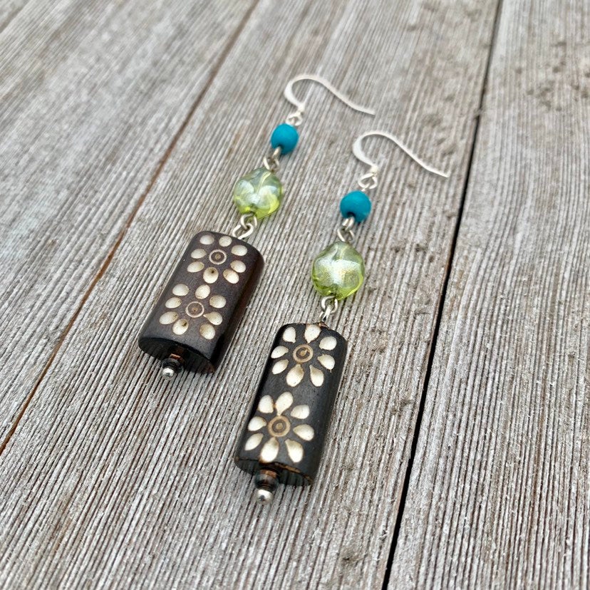 Carved Horn, Czech Glass, and Blue Magnesite Earrings