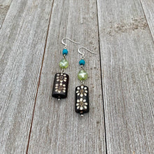 Load image into Gallery viewer, Carved Horn, Czech Glass, and Blue Magnesite Earrings
