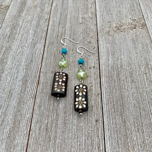 Carved Horn, Czech Glass, and Blue Magnesite Earrings