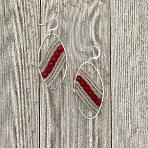 Red Quartz / Grey Seed Bead / Wire Wrapped Oval Earrings