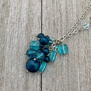 Teal Cluster Necklace with Swarovski Crystals and Pearls