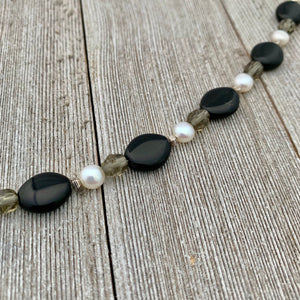 Freshwater Pearl, Black and Grey Czech Glass Bracelet