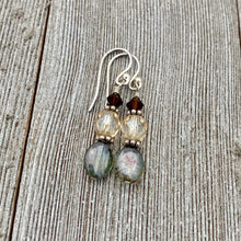 Load image into Gallery viewer, Olive Green Czech Glass, Golden Faceted Czech Glass, and Deep Brown Swarovski Crystal Sterling Silver Earrings
