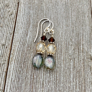 Olive Green Czech Glass, Golden Faceted Czech Glass, and Deep Brown Swarovski Crystal Sterling Silver Earrings