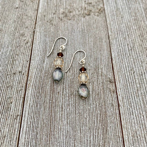 Olive Green Czech Glass, Golden Faceted Czech Glass, and Deep Brown Swarovski Crystal Sterling Silver Earrings