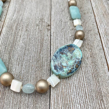 Load image into Gallery viewer, Terra Agate / Mother of Pearl / Amazonite / Aquamarine / Metallic Wood Necklace
