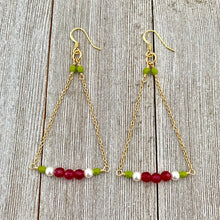 Load image into Gallery viewer, Red Quartz / White Swarovski Pearl / Olive Green Czech Glass / Gold Chandelier Earrings
