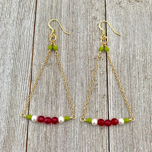 Red Quartz / White Swarovski Pearl / Olive Green Czech Glass / Gold Chandelier Earrings