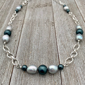 Grey Freshwater Pearls / Tahitian Swarovski Pearls / Silver Plated Chain Necklace