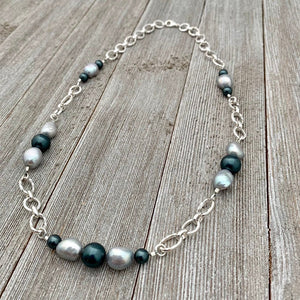 Grey Freshwater Pearls / Tahitian Swarovski Pearls / Silver Plated Chain Necklace