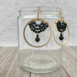 Swarovski Pearl / Green Iris Czech Glass / Navy Crystal / Gold Hoop Earrings