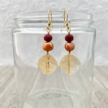 Load image into Gallery viewer, Citrine, Orange Freshwater Pearls, and Red Freshwater Pearl Earrings

