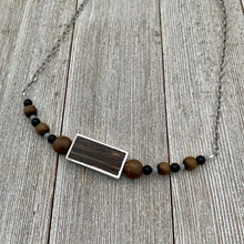 Load image into Gallery viewer, Silver Framed Wood / Greywood / Onyx / Grey Crysals / Antique Silver Chain Necklace

