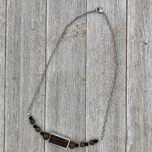 Load image into Gallery viewer, Silver Framed Wood / Greywood / Onyx / Grey Crysals / Antique Silver Chain Necklace

