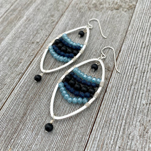 Onyx / Navy Blue Czech Glass / Blue Grey Crystals / Oval Hoop Earrings