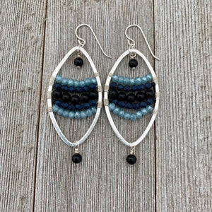 Onyx / Navy Blue Czech Glass / Blue Grey Crystals / Oval Hoop Earrings