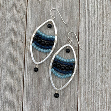 Load image into Gallery viewer, Onyx / Navy Blue Czech Glass / Blue Grey Crystals / Oval Hoop Earrings
