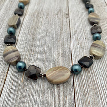 Load image into Gallery viewer, Silver Mist Jasper, Faceted Smoky Quartz, and Tahitian Swarovski Pearl Necklace
