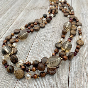 Three Strand Layered Necklace with Smoky Quartz, Bronzite, Bronze Fresh Water Pearls, Faceted Glass, 24k Plated Spacers, and Toggle Clasp