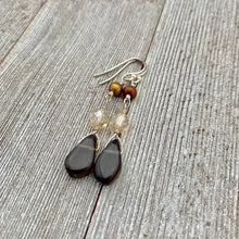 Load image into Gallery viewer, Smoky Quartz Teardrop, Golden Firepolish, Freshwater Pearl, Sterling Silver, Wire Wrapped Earrings
