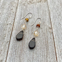 Load image into Gallery viewer, Smoky Quartz Teardrop, Golden Firepolish, Freshwater Pearl, Sterling Silver, Wire Wrapped Earrings
