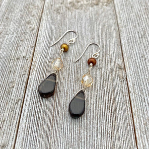 Smoky Quartz Teardrop, Golden Firepolish, Freshwater Pearl, Sterling Silver, Wire Wrapped Earrings