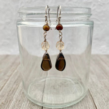 Load image into Gallery viewer, Smoky Quartz Teardrop, Golden Firepolish, Freshwater Pearl, Sterling Silver, Wire Wrapped Earrings
