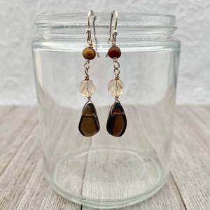 Smoky Quartz Teardrop, Golden Firepolish, Freshwater Pearl, Sterling Silver, Wire Wrapped Earrings