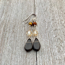 Load image into Gallery viewer, Smoky Quartz Teardrop, Golden Firepolish, Freshwater Pearl, Sterling Silver, Wire Wrapped Earrings
