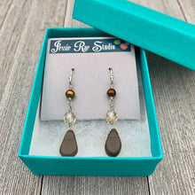 Load image into Gallery viewer, Smoky Quartz Teardrop, Golden Firepolish, Freshwater Pearl, Sterling Silver, Wire Wrapped Earrings
