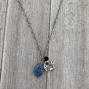 Kyanite Charm Necklace / Pewter Flower Charm / Matte Onyx / Antique Silver Chain / Adjustable
